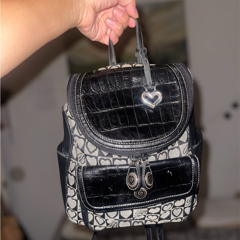 BRIGHTON BACKPACK JULIA BLACK CANVAS LEATHER SMALL PACK HEARTS WOMENS BAG